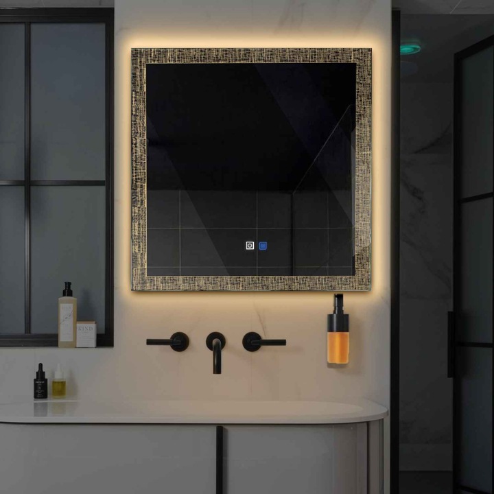 Oglinda LED 130x130 cm, LED Cald 3000K, functie dezaburire, butoane touch, Model Reyze Simetria 6 Patrata