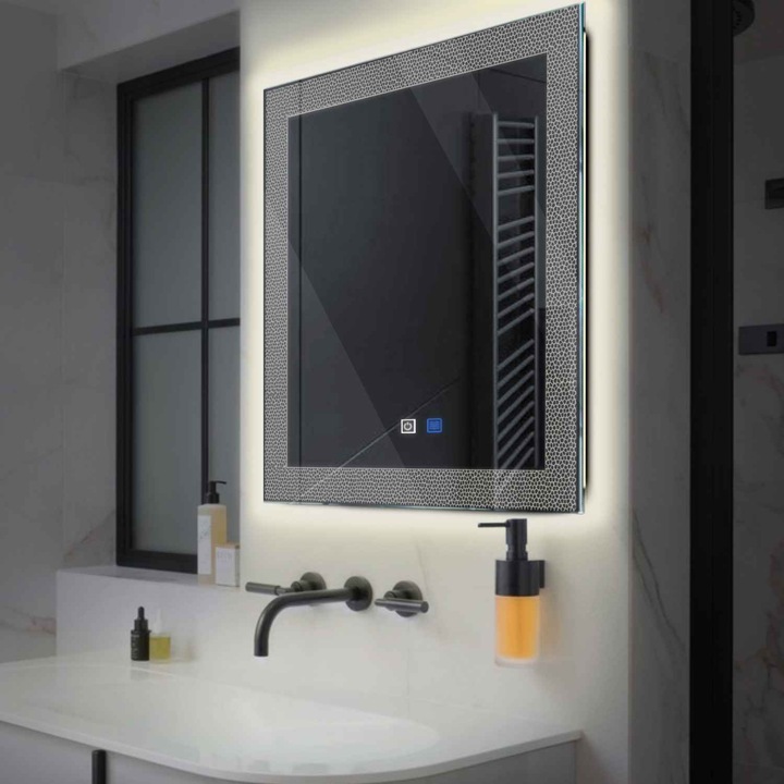 Oglinda LED 120x120 cm, LED Neutru 4000K, functie dezaburire, butoane touch, Model Reyze Simetria 4 Patrata