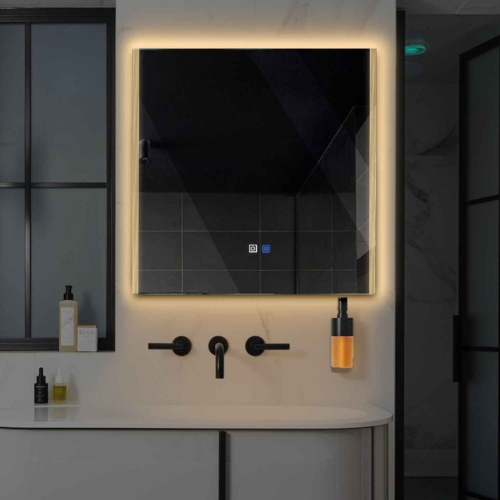 Oglinda LED 130x130 cm, LED Cald 3000K, functie dezaburire, butoane touch, Model Reyze Edge 7 Patrata