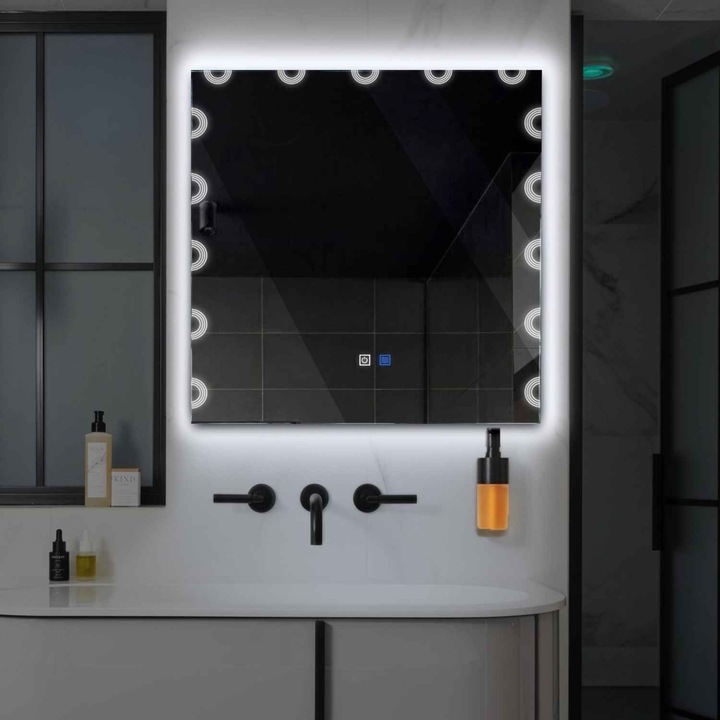 Oglinda LED 130x130 cm, LED Rece 6000K, functie dezaburire, butoane touch, Model Reyze Edge 4 Patrata