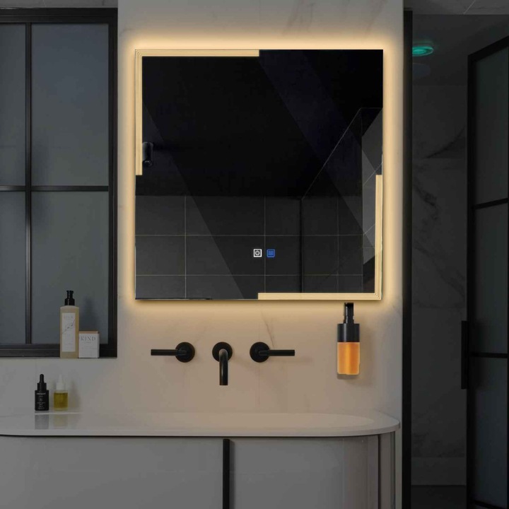 Oglinda LED 130x130 cm, LED Cald 3000K, functie dezaburire, butoane touch, Model Reyze Edge 2 Patrata
