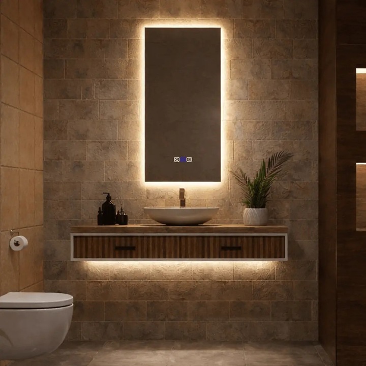 Oglinda LED 70x100 cm Verticala, LED Reglabil, Butoane Tactile ON/OFF, Dimare, Functie Dezaburire 30-40° C - Reyze Gama Ambient