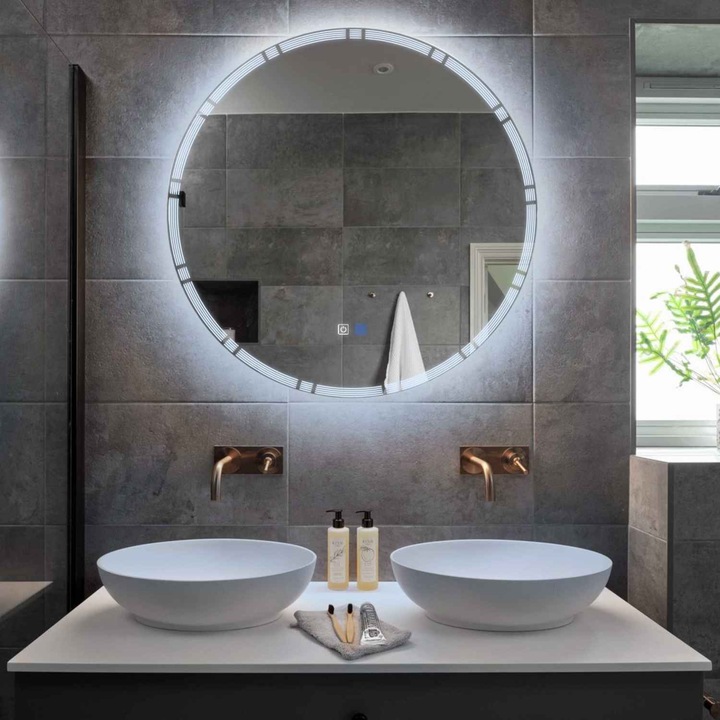 Oglinda LED ⌀130 cm diametru, LED Rece 6000K, functie dezaburire, butoane touch, Model Reyze Edge 3 Rotunda
