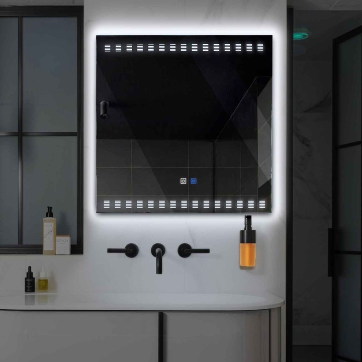 Oglinda LED 130x130 cm, LED Rece 6000K, functie dezaburire, butoane touch, Model Reyze Minimal 6 Patrata