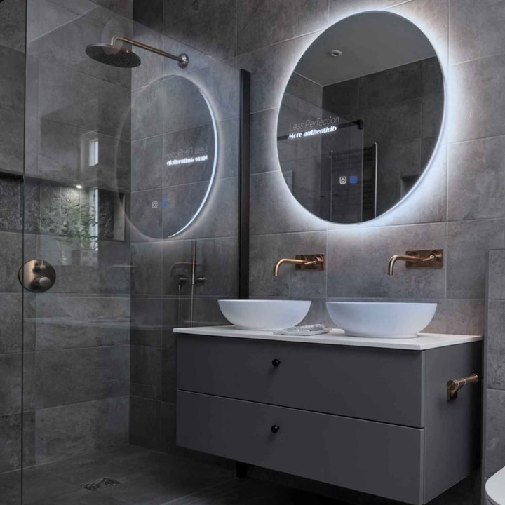 Oglinda LED ⌀80 cm diametru, LED Rece 6000K, functie dezaburire, butoane touch, Model Reyze Motivated 7 Rotunda