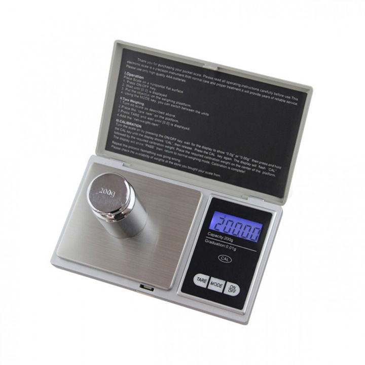 Mini cantar digital de precizie 0.01gr - 200gr 7.5x13x1.5cm, Argintiu