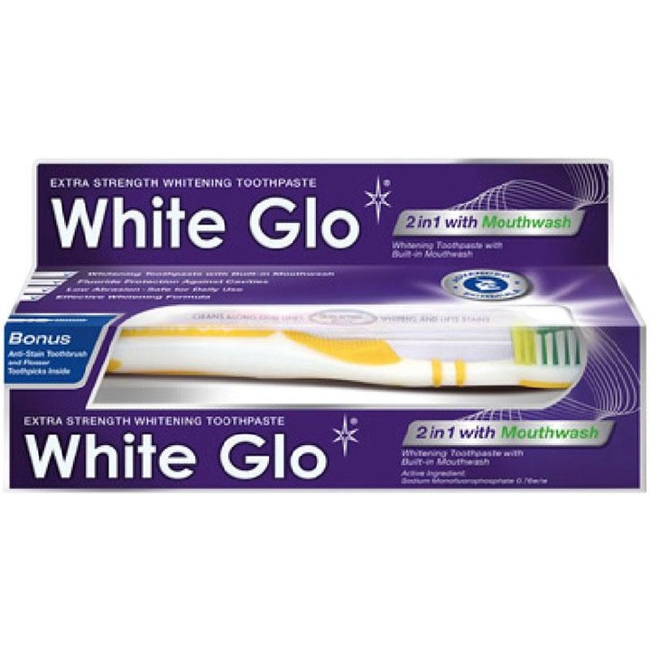 Паста за зъби с избелващ ефект и пакет четка за зъби и вода за уста White Glo 2 в 1, 100 мл, 150 гр.