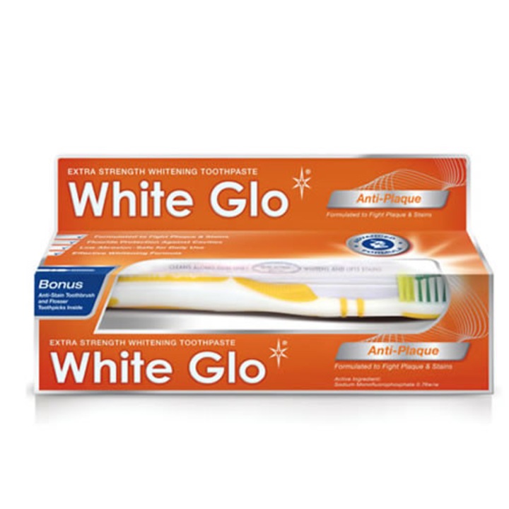 Опаковка паста за зъби с избелващ ефект и четка White Glo - Anti-Plaque