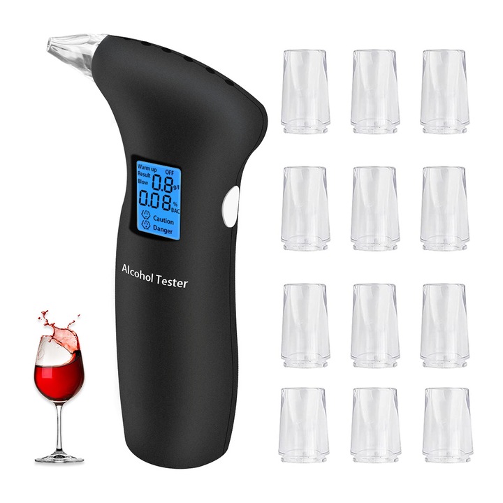 Test alcool portabil, senzor avansat, afisaj LCD albastru, negru, 10.3x6.5x2.7cm, set cu 12 piese