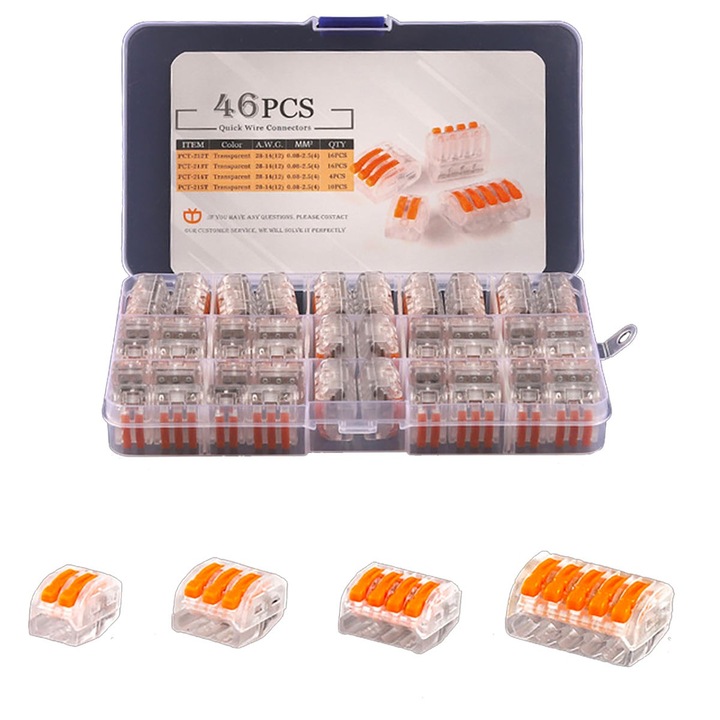 Set 46 conectori XL, Elektroweb, 2/3/4/5 pini, 46 piese, Portocaliu/Transparent