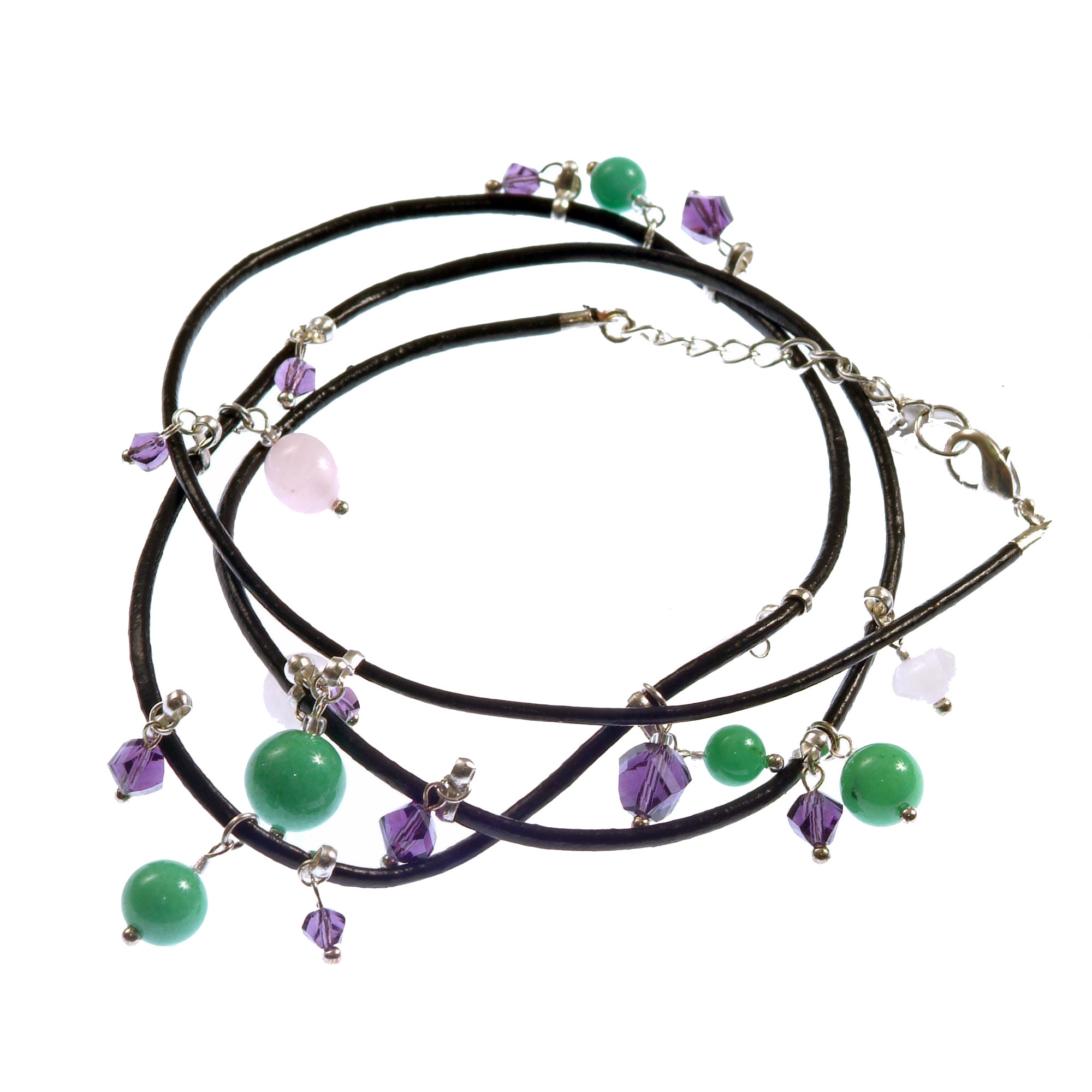 Bratara GANELLI multifunctionala, pentru mana, glezna sau colier choker, din piele naturala, Cuart roz, Jad mashan