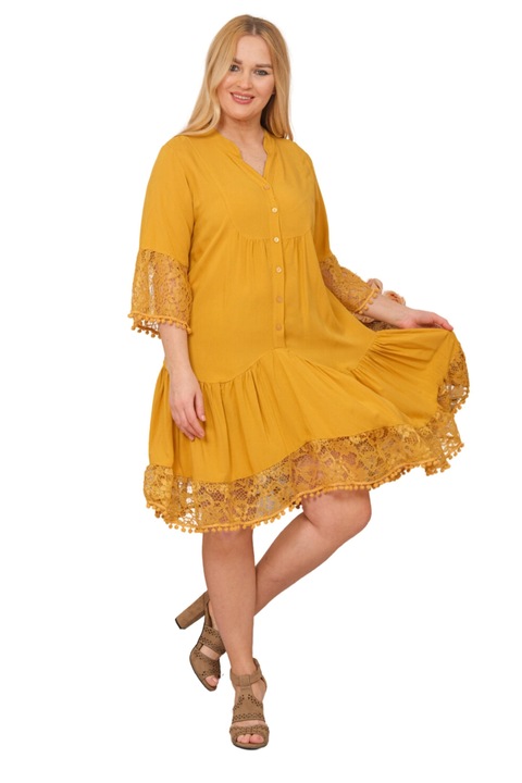 Жълта бохо шик рокля с волани и копчета, Жълт, One Size
