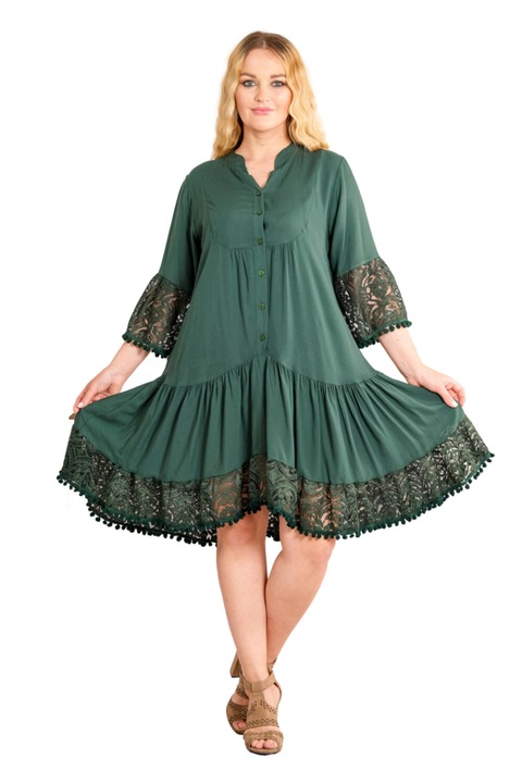 Бохо шик зелена рокля с волани и копчета, Зелен, One Size