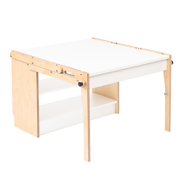 Masa pentru jocuri de constructii, TRANSFORMO, cu spatiu de depozitare, convertibila in raft de jucarii, compact, natural/alb