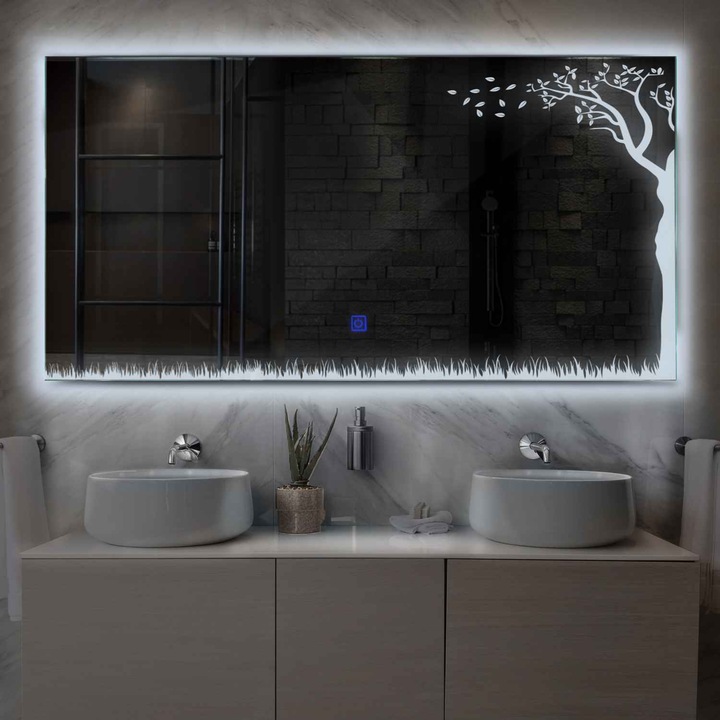 Oglinda LED 140x80 cm, LED Rece 6000K, buton touch, Model Reyze Good Vibes 8 Orizontala