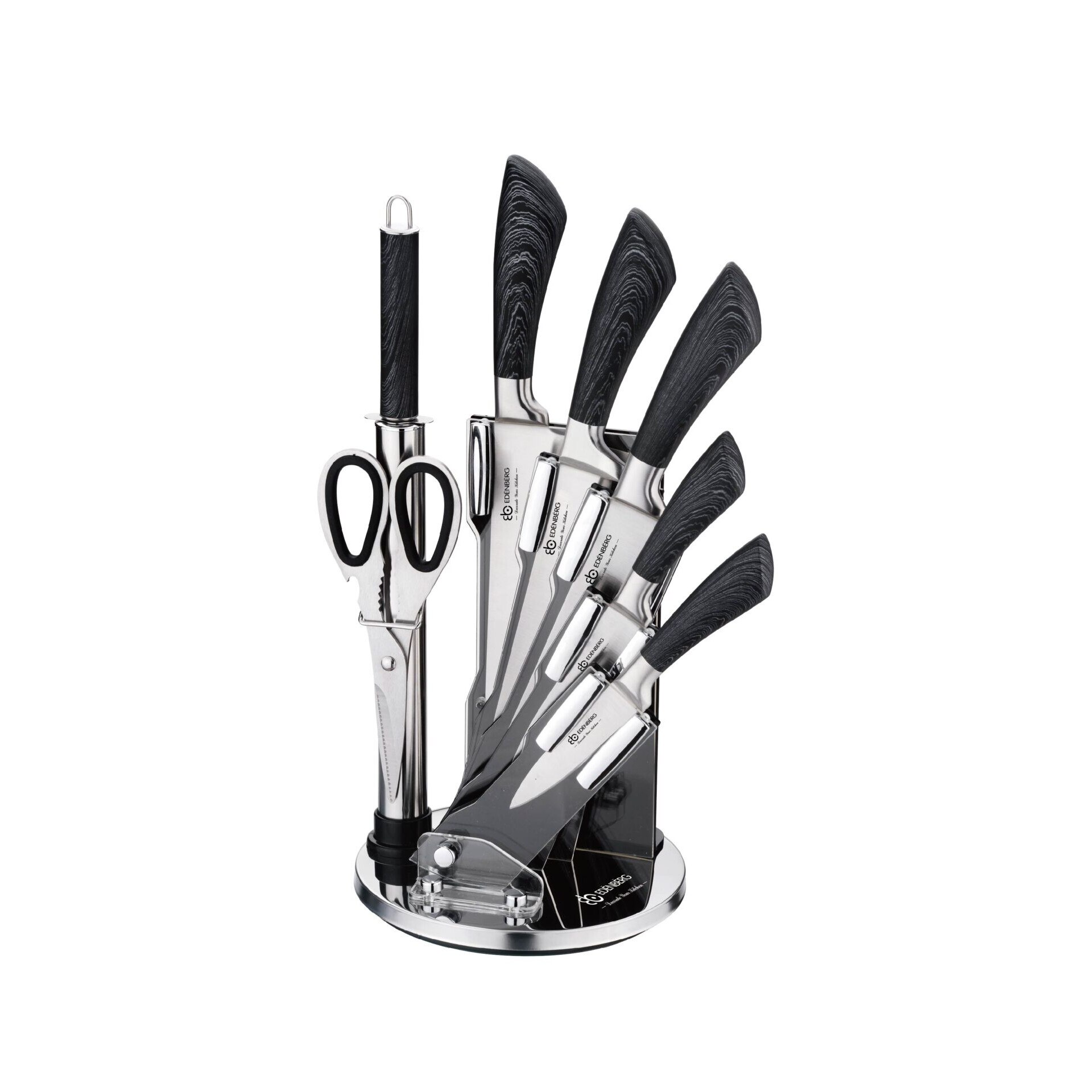 Set cutite cu suport rotativ, Edenberg, Otel carbon, Maner