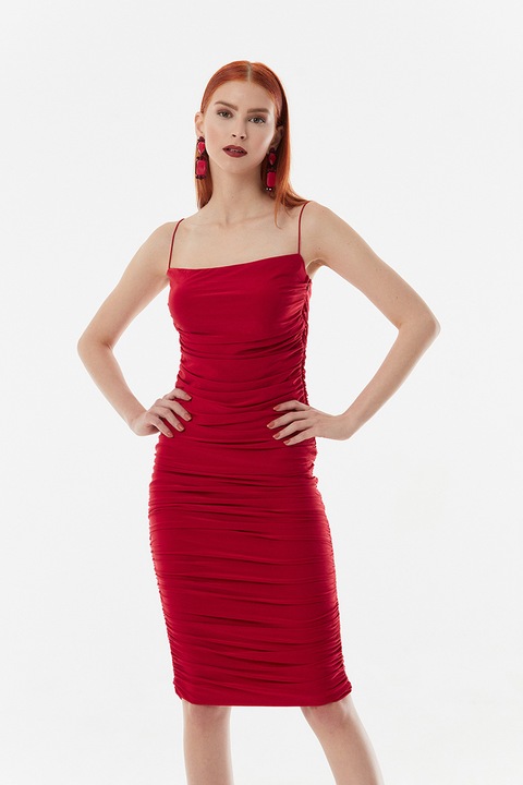 Rochie de seara rosie plisata tip spaghetti cu bretele, marimea L