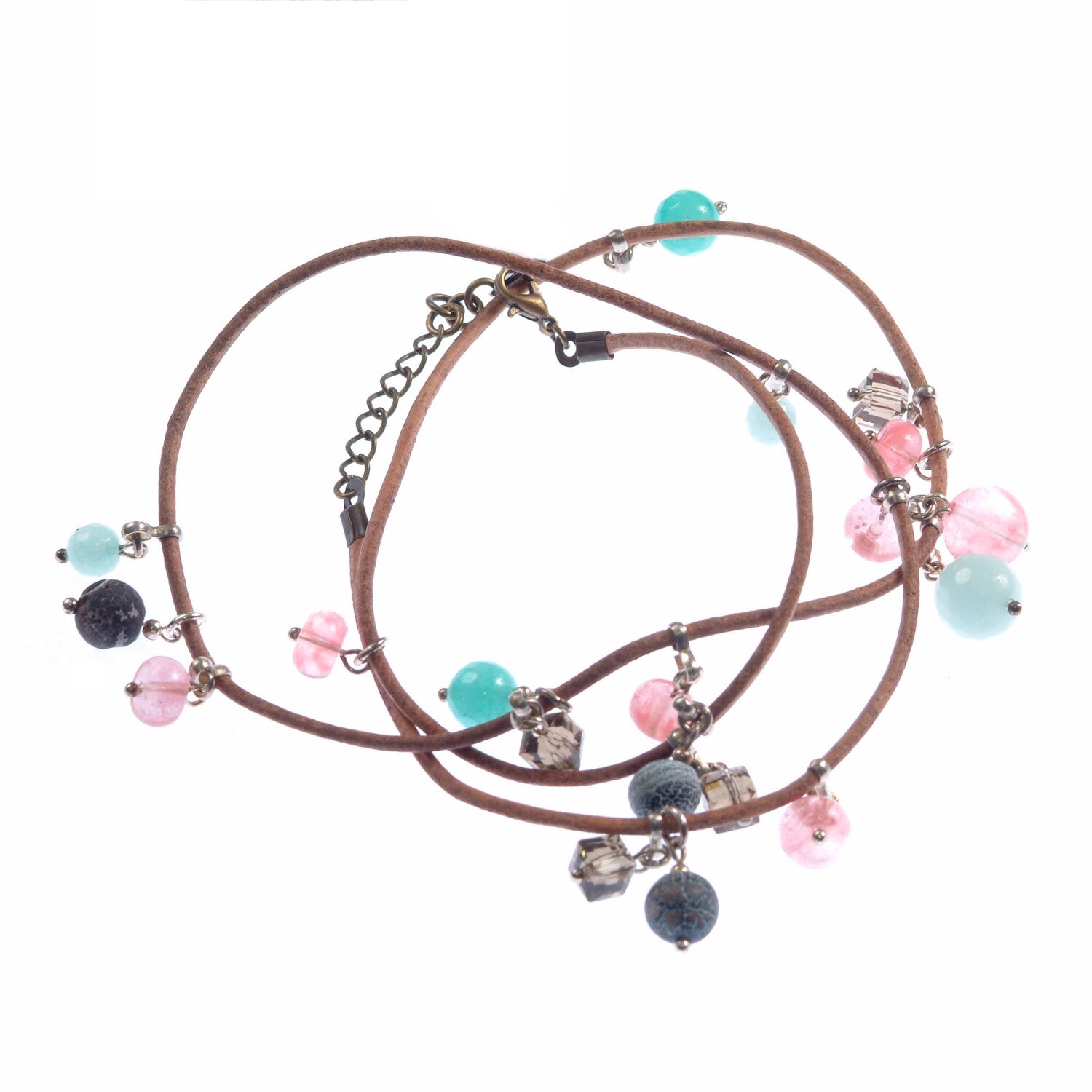 Bratara GANELLI multifunctionala pentru mana, glezna sau colier choker, din piele naturala, Acvamarin, Agate crackle, Cuart cherry