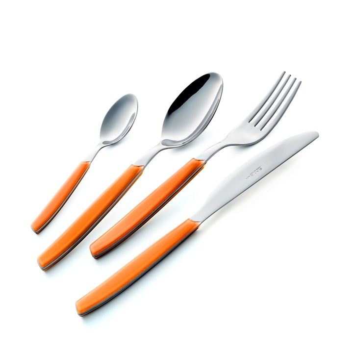 Set tacamuri 24 piese colorate Cromo, Portocaliu 1235 eme, made in italy, materiale 18/0 (aisi430), manere in abs