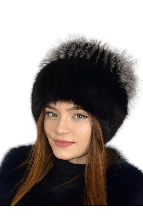 Caciula din blana naturala pentru femei, model tricotat elastic, culoare negru-argintiu, marime universala