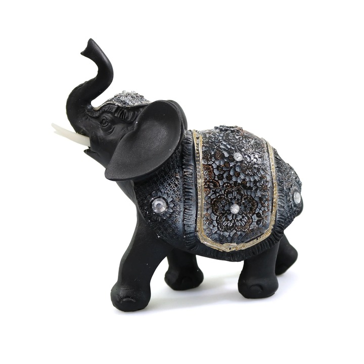 Statueta Black Elephant Silver din rasina, Negru, 14 cm