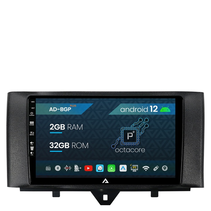 Navigatie Autodrop Smart For Two (2010-2015), Android 12, P-Octacore, 2GB RAM, 32GB ROM, 9 Inch - AD-BGP9002, AD-BGRKIT409