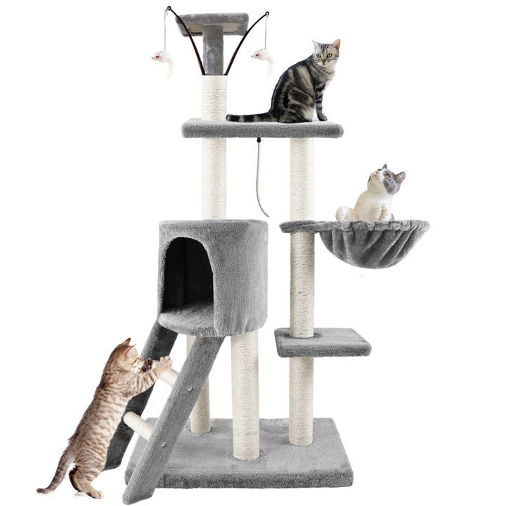Set de joaca pentru pisici, patut, copac, trei mingi, gri inchis, BADU, 138x50x36 cm