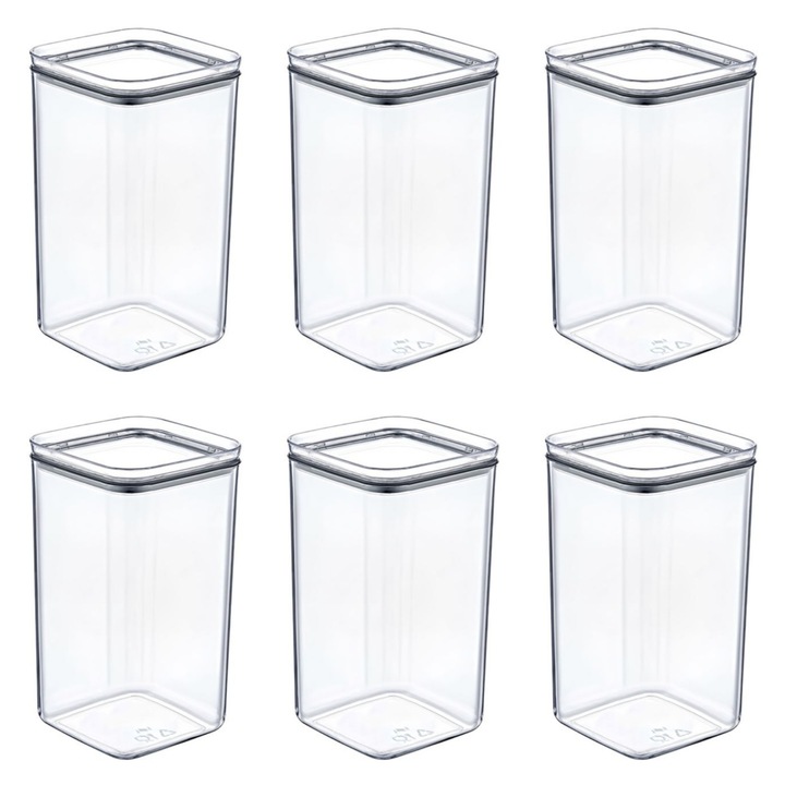 Set 6 recipiente pentru depozitarea alimentelor, cu capac, plastic, transparent, 1.5 l, 10,5x10,5x19cm