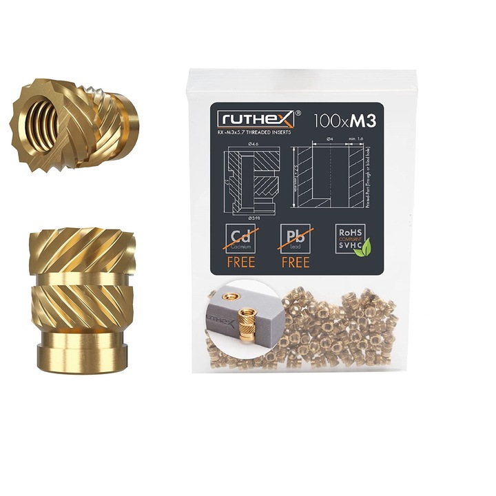 Set 100 piulite din alama M3x5.7 cu insert filetat, pentru piese din plastic ale imprimantei 3D