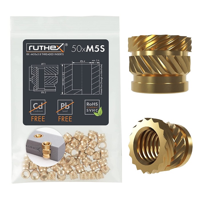 Set 50 piulite din alama M5Sx5.8mm cu insert filetat, pentru piese din plastic ale imprimantei 3D