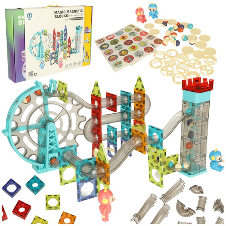 Set Educativ si Creativ Magnetic, Electric cu Sunete, cu 118 Piese, Traseu Bile, "LikeSmart Magic Magnet Blocks", Numeroase Posibilitati de Construit Creativ, Dezvoltarea Abilitatilor Motrice si a Imaginatiei