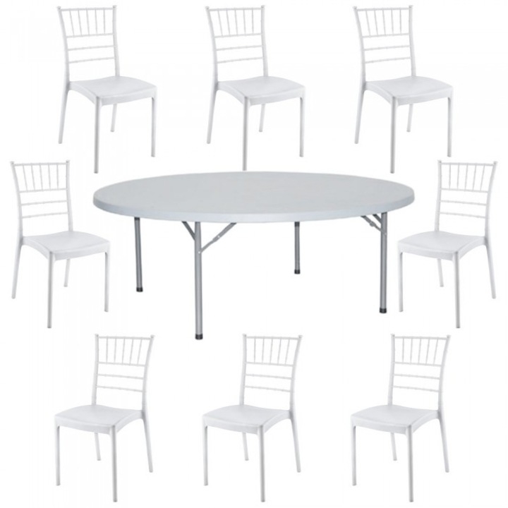 Set mobila evenimente/catering RAKI, masa pliabila rotunda D180xh74cm si 8 scaune 44x42xh92cm albe