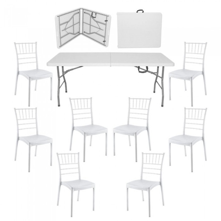 Set mobila evenimente/catering RAKI, masa pliabila tip valiza dreptunghiulara 180x76xh73,5cm si 8 scaune 44x42xh92cm