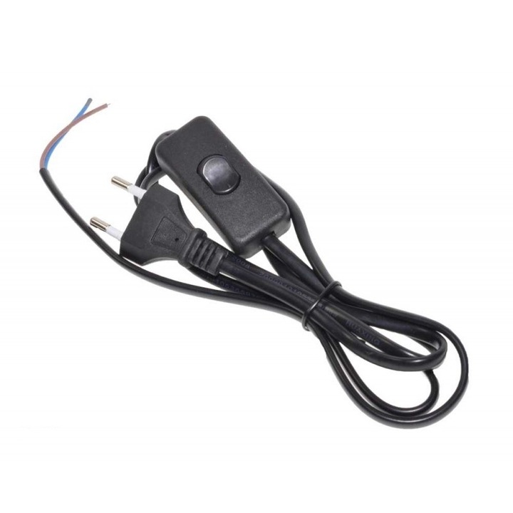 Cablu de alimentare ElecTech cu stecher plat si intrerupator pe fir, alimentare 220V, sectiune cablu 2 X 0.5mm, lungime 150 cm, culoare negru
