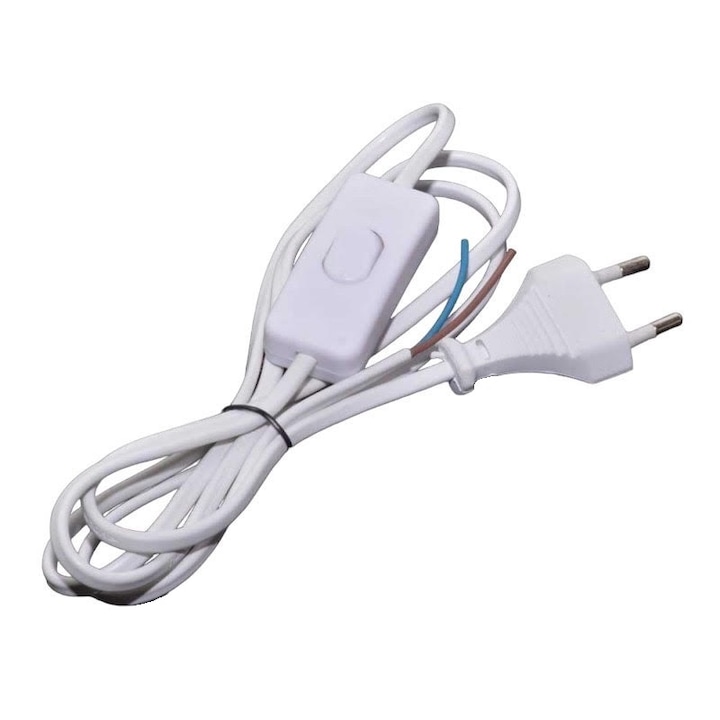 Cablu de alimentare ElecTech cu stecher plat si intrerupator pe fir, alimentare 220V, sectiune cablu 2 X 0.5mm, lungime 150 cm, culoare alb