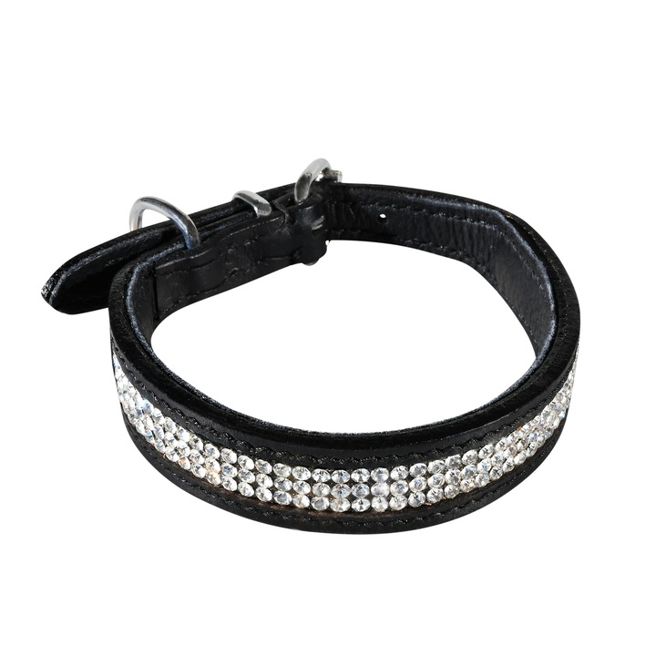 Let's Glow kutyanyakörv, természetes fekete bőr fémes strasszokkal, 45 cm, Shiny sorozat