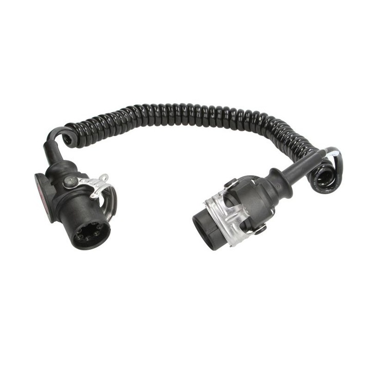Cablu adaptor alimentare camion spiralat lungime de lucru 3m, lungime maxima 4,5m, 2x4+5x1,5, dopuri, 7 numar pini, ADR, EBS, temperatura de lucru pina la 125 C