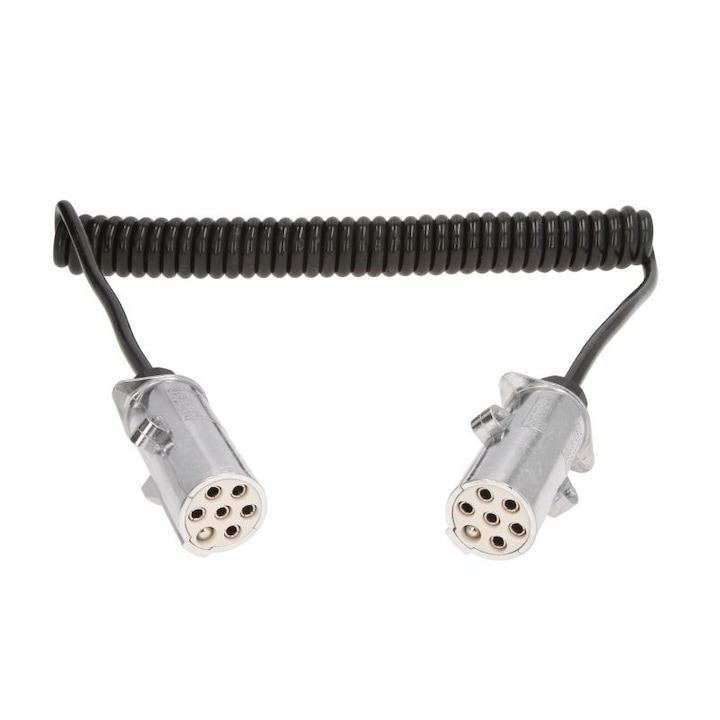 Cablu adaptor alimentare camion spiralat lungime de lucru 3,5m, lungime maxima 4m, 1x1+6x0,75, cu dopuri mama, 7 numar pini, dopuri din aliaj, temperatura de lucru pina la 125 C, tipuri