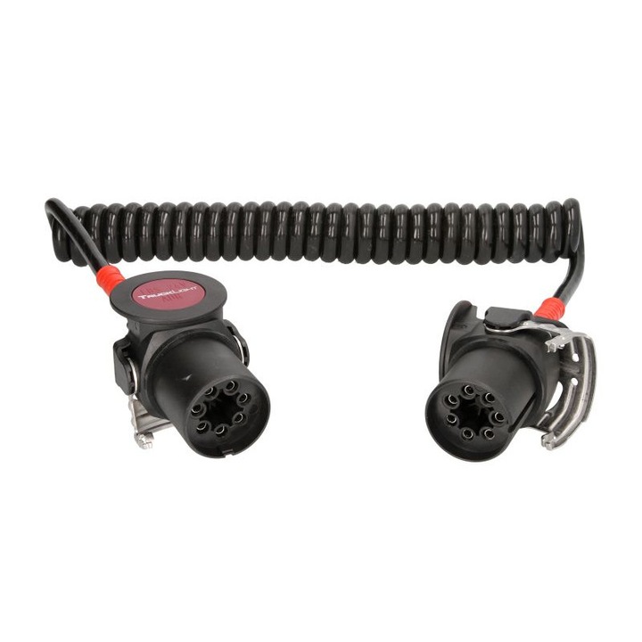 Cablu adaptor alimentare camion spiralat lungime de lucru 3,5m, lungime maxima 4,5m, 2x4+5x1,5, dopuri, 7 numar pini, ADR, EBS, temperatura de lucru pina la 125 C