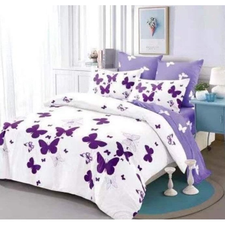 Lenjerie de pat dublu, Primavara, Finet, 6 piese, 2 persoane, Fluturi Mov, 230x250cm, Alb-Mov