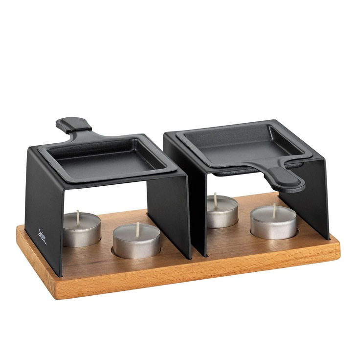 Set servire raclette pentru 2 persoane, Spring, 24,5x12,5x8cm, aluminiu, lemn de fag