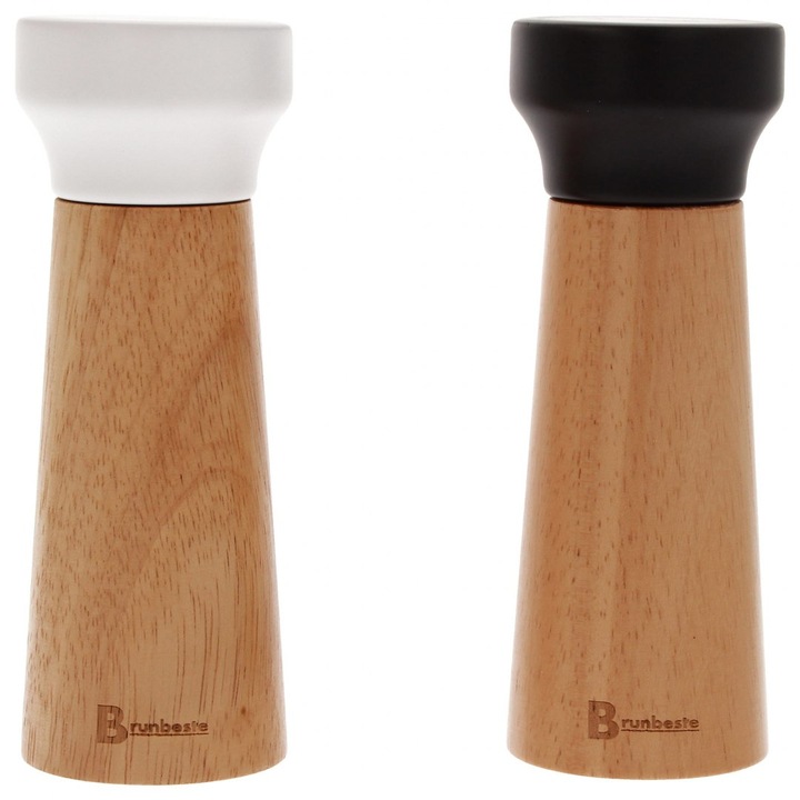 Set 2 rasnite pentru sare si piper, Brunbeste, lemn cauciuc, negru si alb, 15x5.5cm