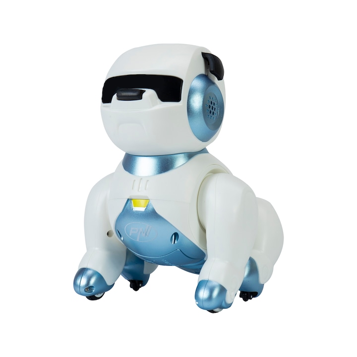 Robot inteligent interactiv PNI Robo Dog, control vocal, butoane tactile, alb-albastru