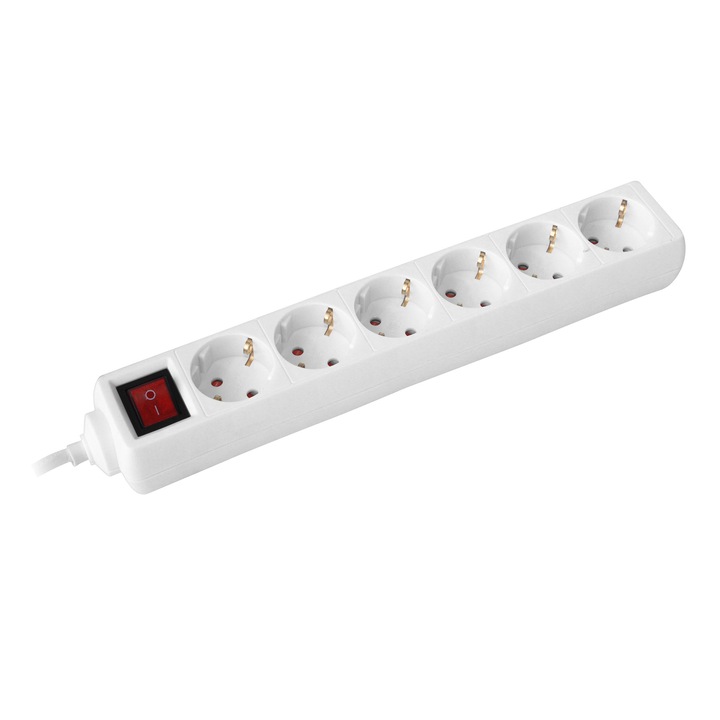 Разклонител с копче, БЯЛ, 6x2P+E с кабел 5 метра, 1.5mm2, Commel