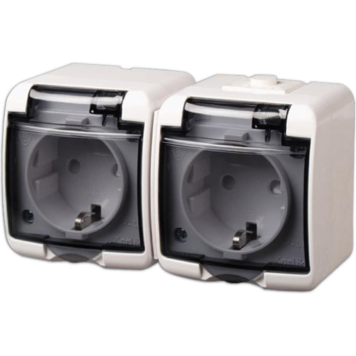 Priza dubla, Schuko, Montare deschisa, IP44, Capac transparent