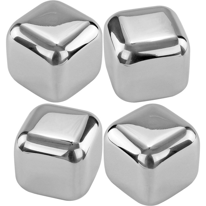 Комплект от 4 кубчета лед за многократна употреба, Roffie, Неръждаема стомана, Сребро