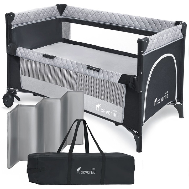 Patut bebelusi pliabil, SEVERNO Kids, Overnight, Co-sleeping, 2 niveluri, Saltea, Intrare laterala, Buzunar accesorii, Plasa tantari, 120x60 cm, Gri