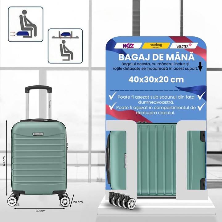 Troler cabina avion Quasar & Co.®, 40x30x20cm, bagaj de mana, troller cu fermoar sigur, cifru, maner telescopic lung, geamantan cu 4 roti duble, detasabile, 360°, valiza ABS 2.8 mm, rezistent, 2 compartimente cu buzunar, 10kg, LINE, turcoaz