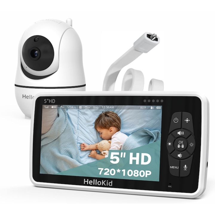 Бебефон WiFi HelloKid PRO 5" UltraHD автоматично нощно виждане, 360° ротация, 4X цифрово увеличение, 4000mAh батерия, ECO режим, двупосочен звук, 350m обхват, температурен сензор, 8 песни, известия, бял
