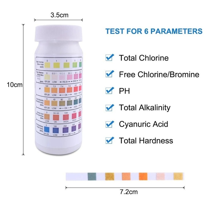 Set de 50 de benzi de testat rapid apa, efectueaza 6 teste simultan clor total, clor liber, PH, alcalinitate, acid cianuric, duritate